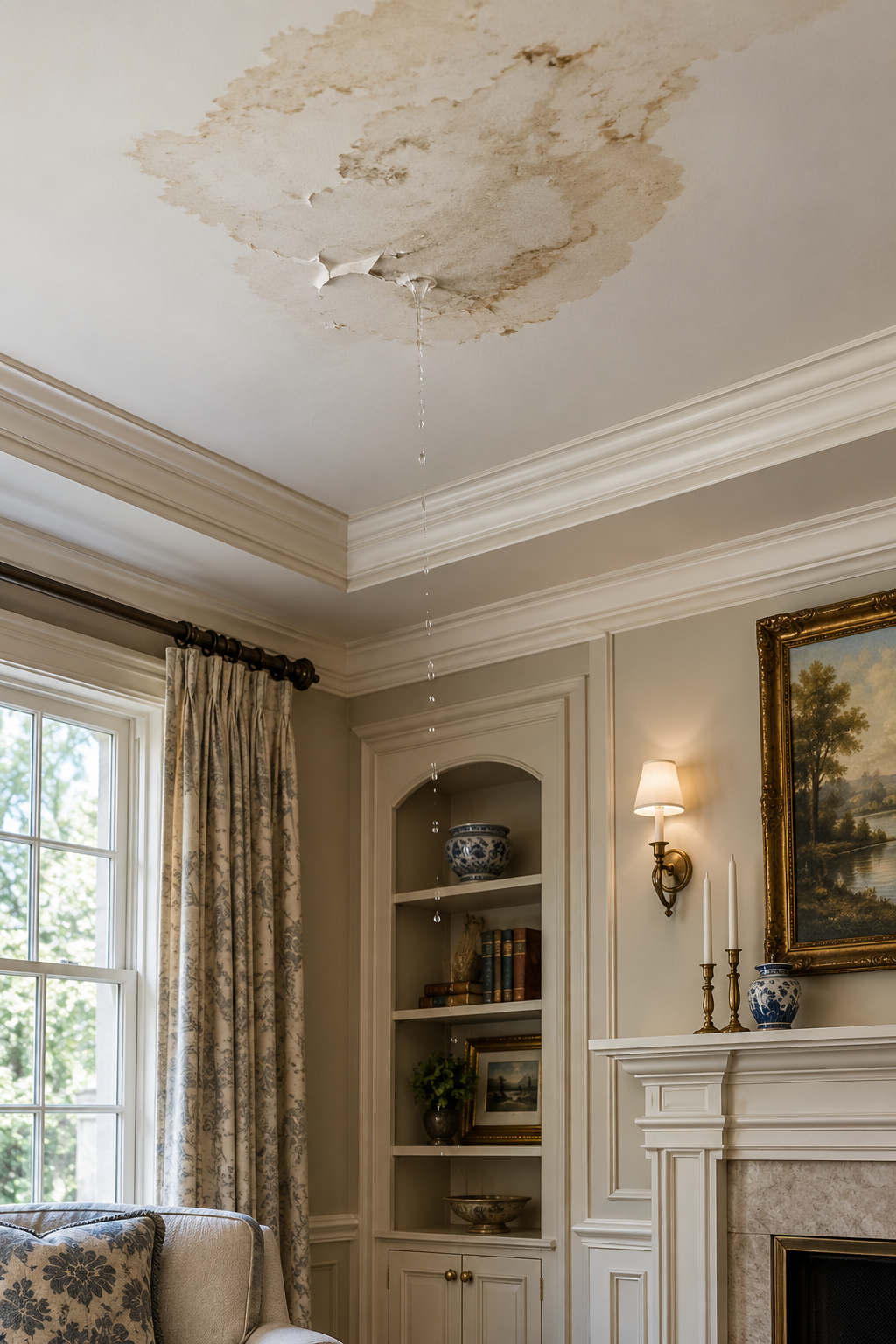 main line home water damage on ceiling